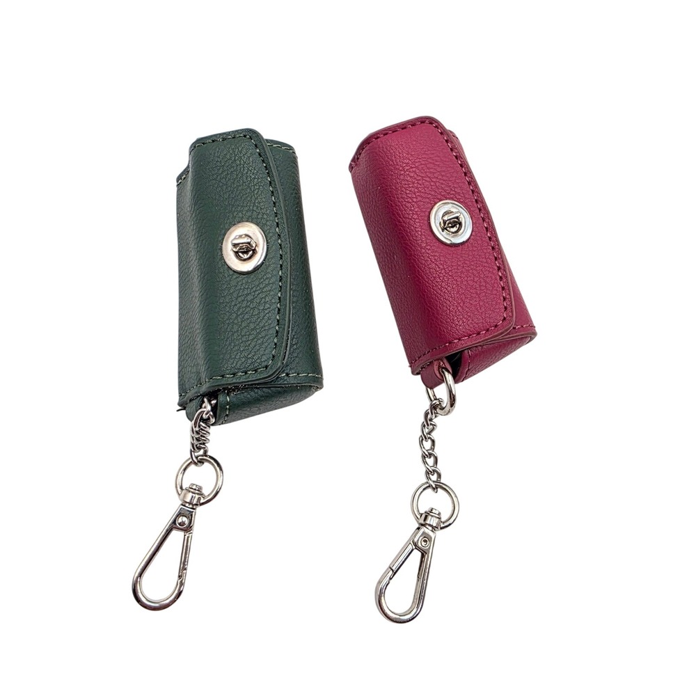 Set of 2 Mini Faux Leather Turn-Lock Pouch Keychains Green and Pink Berry O9